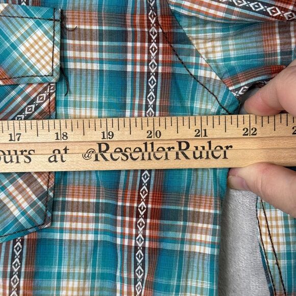 Rough Stock Panhandle Slim Shirt Mens Medium Pearl Snap Turquoise Brown Plaid - Picture 12 of 14